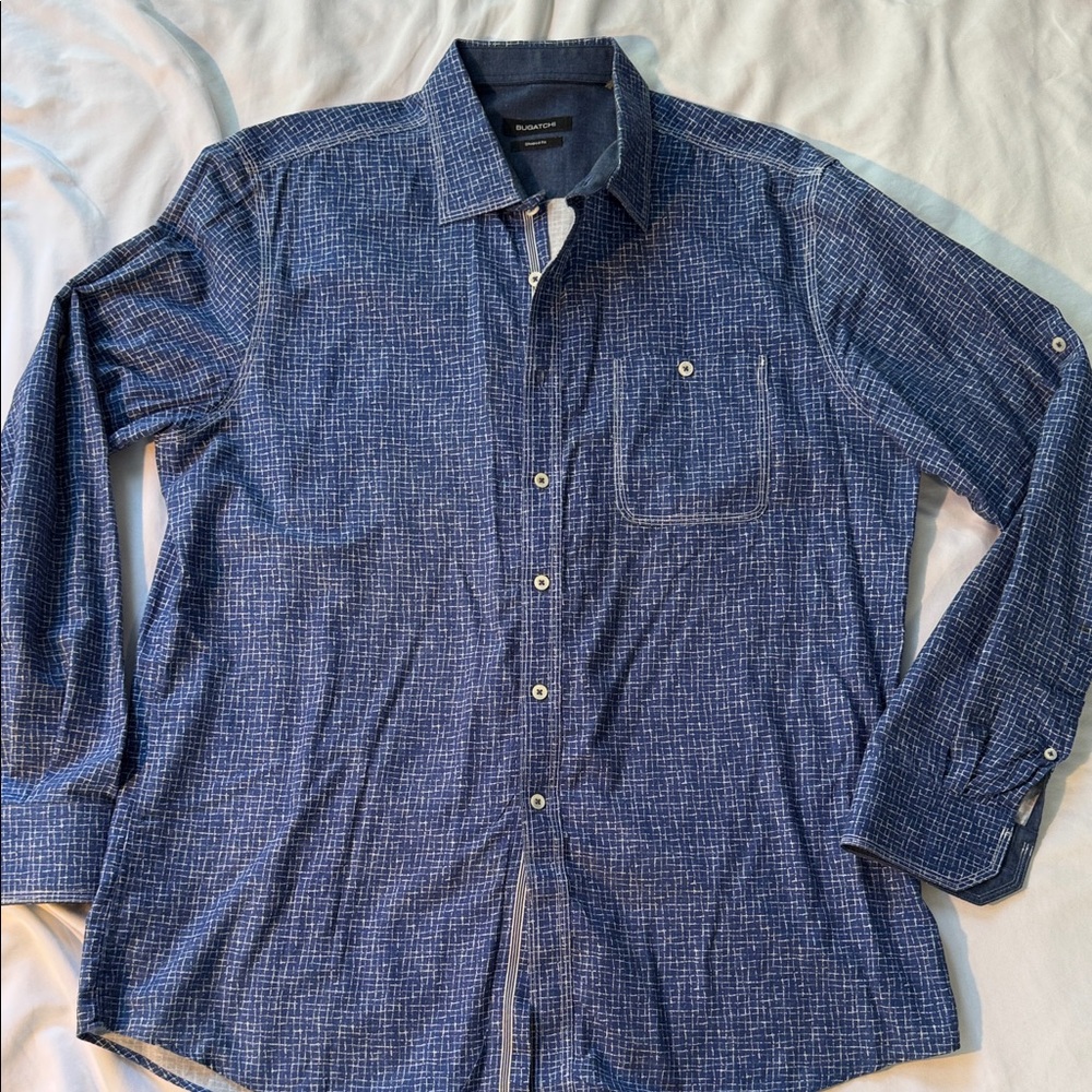 Men's Blue Checkered Bugatchi Shirt